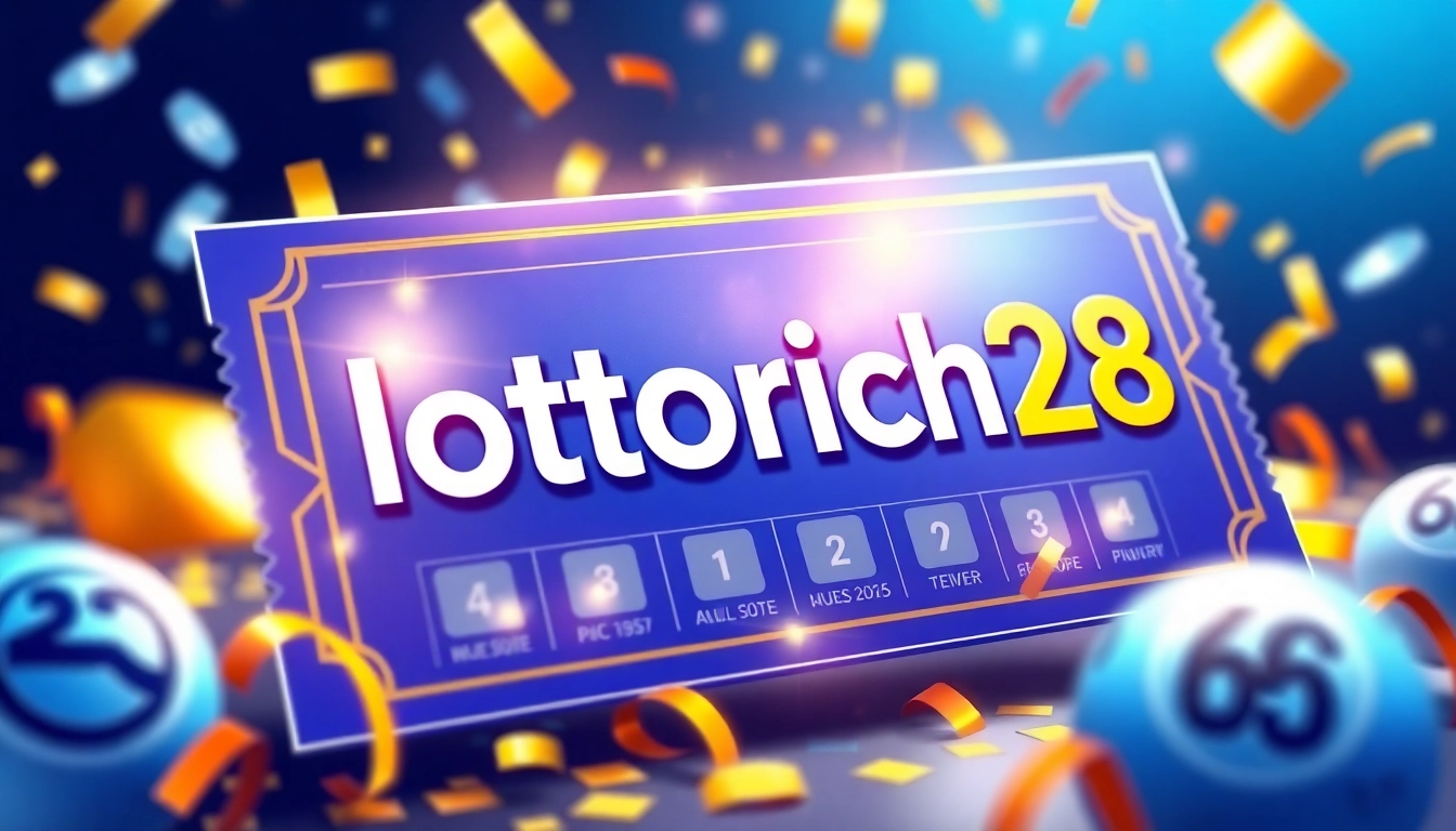 Lottorich28 digital lottery ticket with intricate design and celebratory elements.