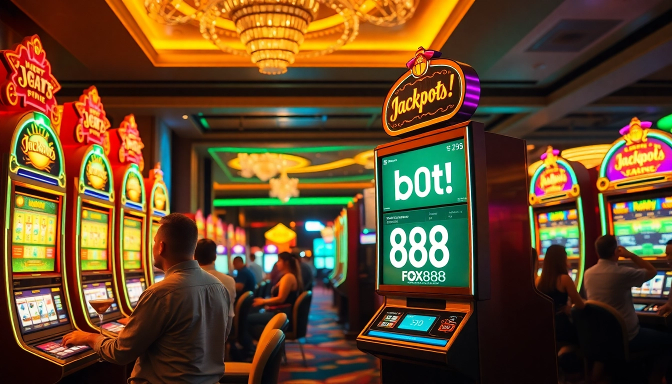 Crowd enjoying thrilling slot machine experience at fox888 casino, featuring an exciting jackpot.