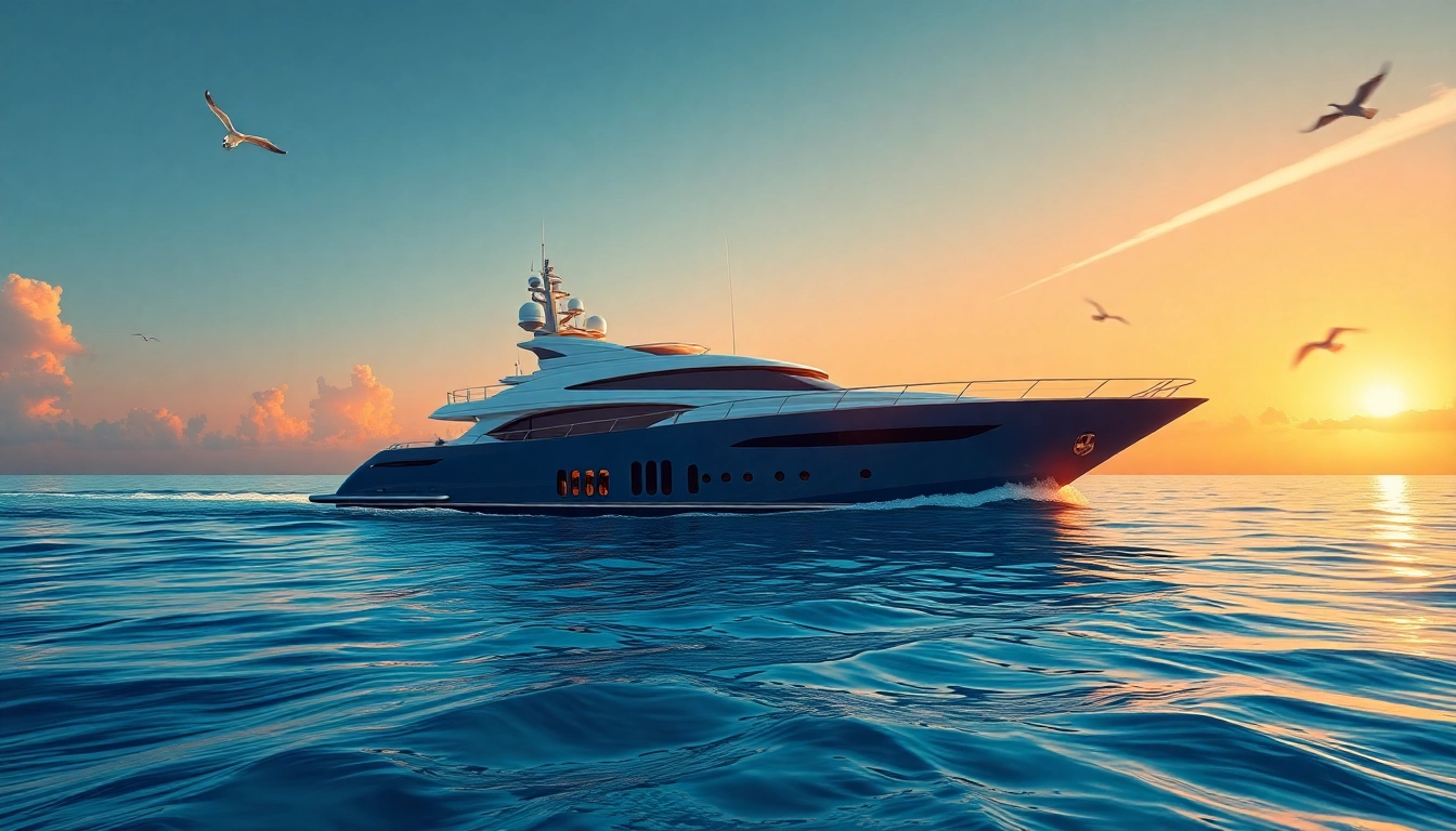 Explore marine88's luxurious yacht sailing through tranquil turquoise waters during a stunning sunset.