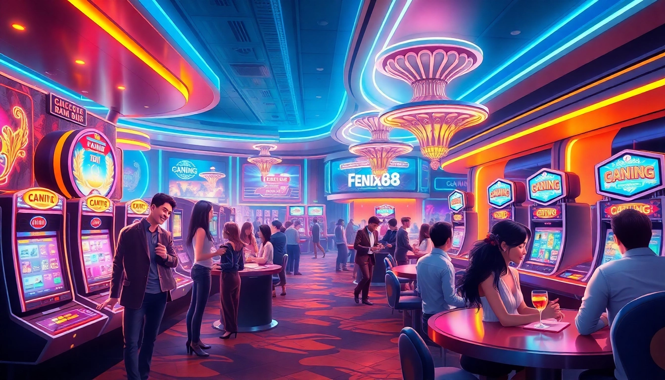 Experience the excitement of Fenix168 with a vibrant casino scene filled with joyful players and neon lights.