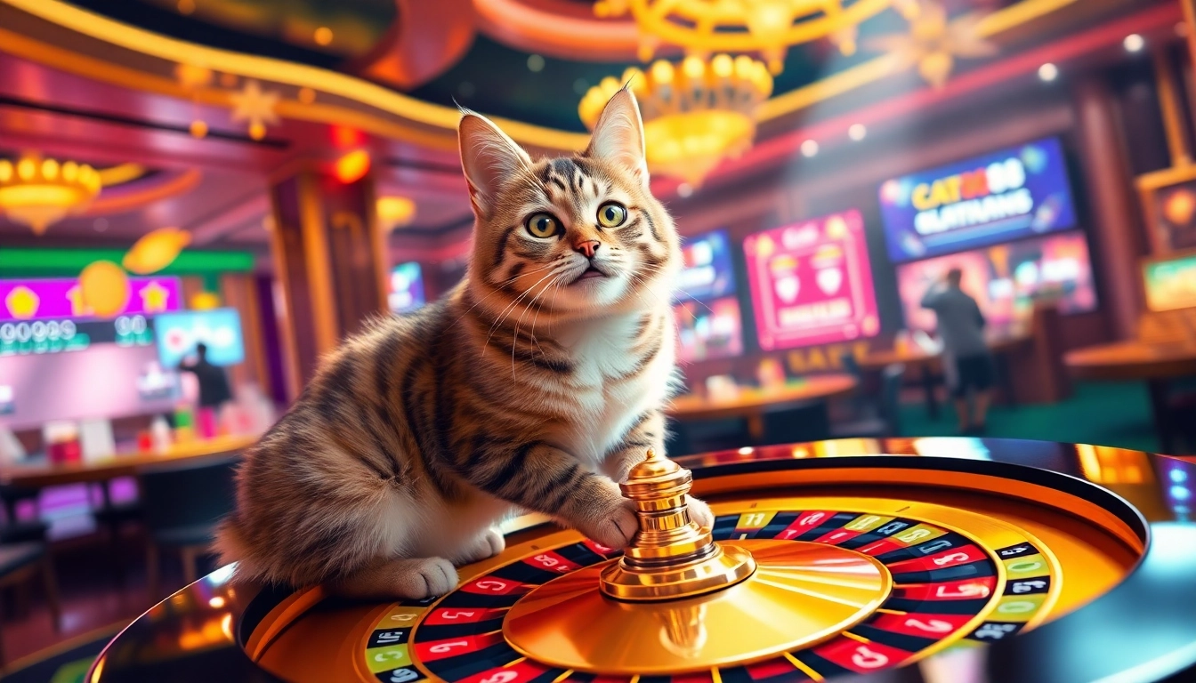 Enjoy the playful tabby cat at the cat888 gaming table with vibrant chips and cards.