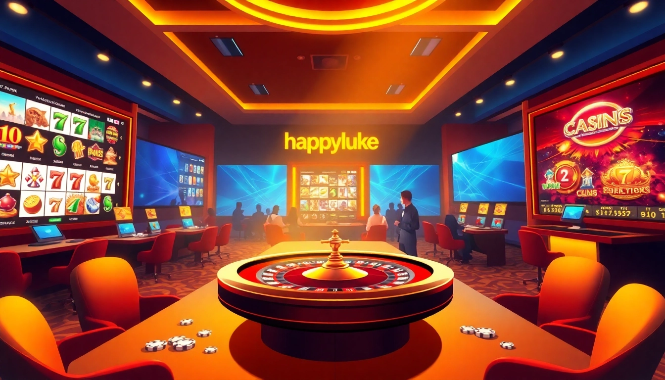 Players enjoy an exciting game of happyluke on a stylish roulette table in a vibrant casino atmosphere.