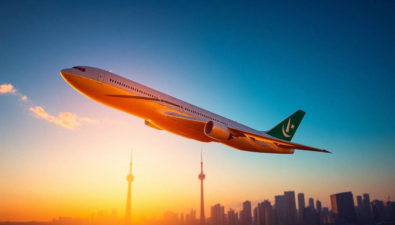 View of PK789, the PIA flight from Lahore to Toronto, soaring through a sunset sky above a city skyline.