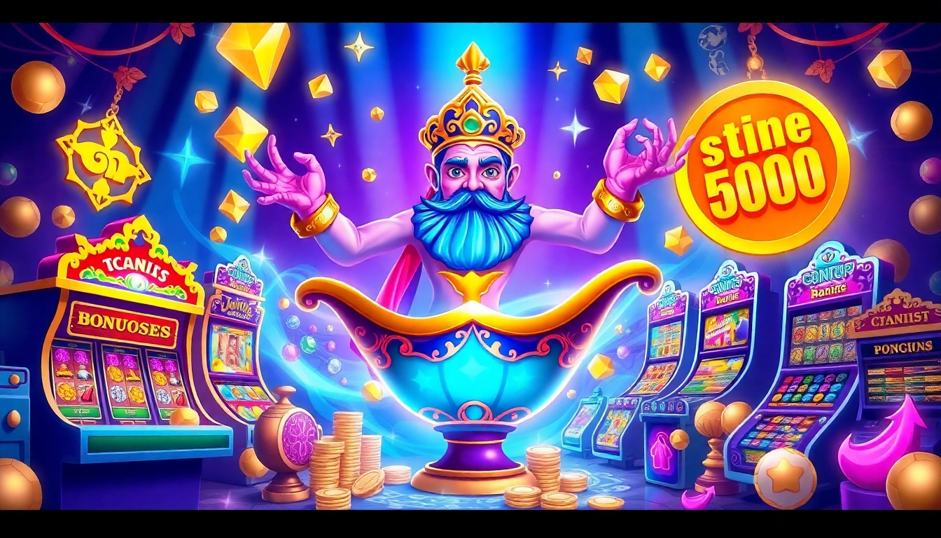 Experience the thrill of genie168 with a vibrant illustration of an enchanting genie and dazzling slot machines.