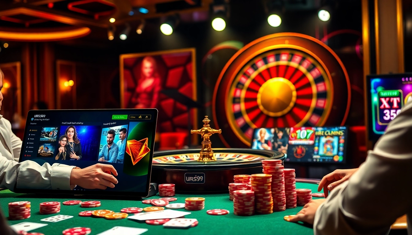 Experience thrilling gameplay at URUS99 casino with vibrant poker tables and spinning roulette wheels.