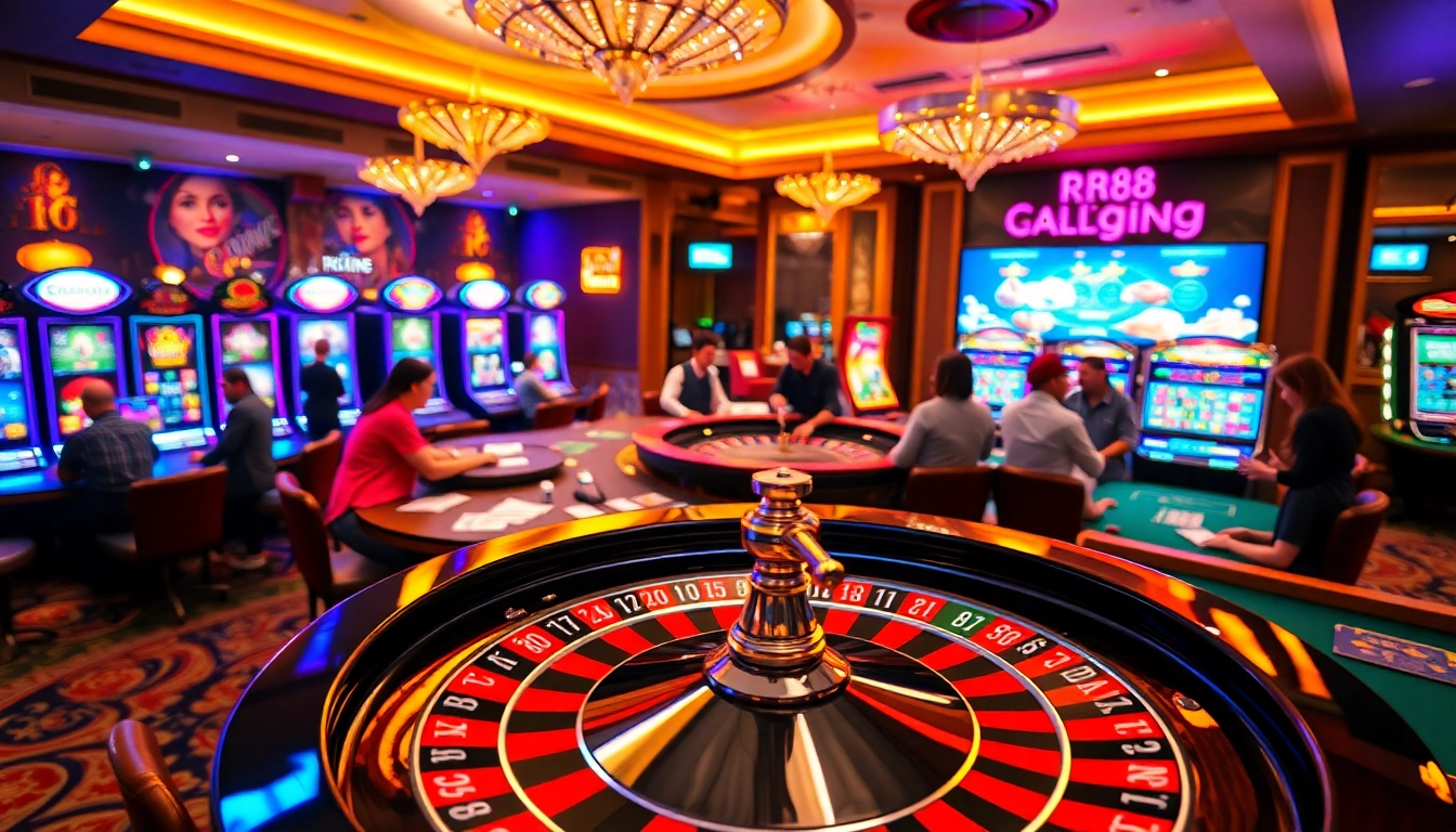 Experience the thrill of winning at RR88 with vibrant casino players engaging around slot machines and roulette.