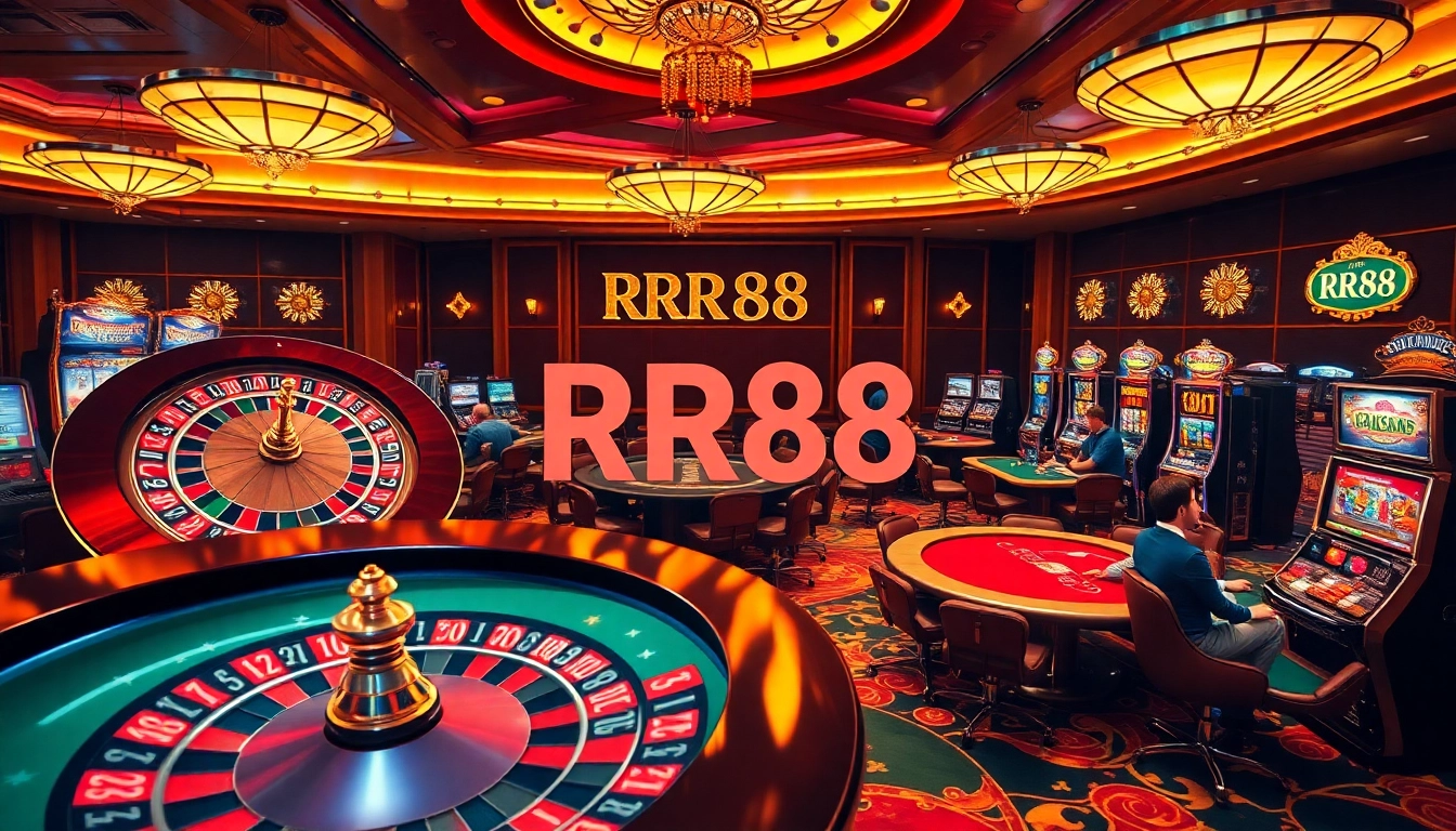 Experience the thrill at RR88 casino with players enjoying roulette and blackjack under vibrant lights.
