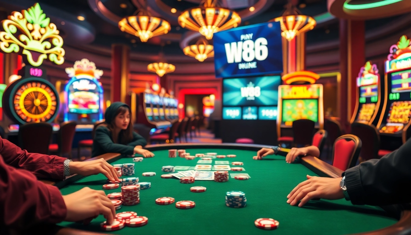 WW88 players enjoy a lively poker game at a vibrant casino table filled with chips.