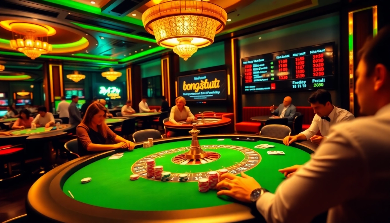 Experience the thrill of betting on football with bong da lu fun at a luxurious casino featuring poker tables and vibrant roulette wheels.
